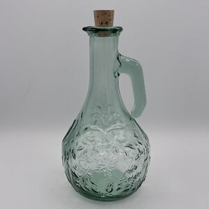 Vintage Green Glass Cruet Cork Embossed Leaf Pattern Oil Wine Decanter Pitcher